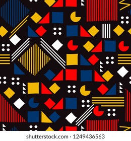 Memphis geometric colorful seamless pattern with triangle, rectangle, stripes, and circle shapes. Vector illustration for fashion textile ready for print.