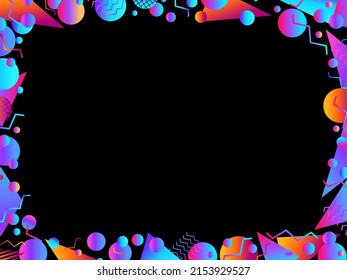 Marco geométrico Memphis. Diseño de borde con formas geométricas en estilo años 80. Colores degradados, diseñar una plantilla para invitaciones, folletos y tarjetas de felicitación. Ilustración del vector