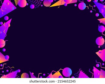 Memphis Geometric Frame. Border Design With Geometric Shapes In 80s Style. Gradient Colors, Design A Template For Invitations, Leaflets And Greeting Cards. Vector Illustration