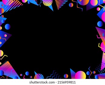 Memphis geometric frame. Border design with geometric shapes in 80s style. Gradient colors, design a template for invitations, leaflets and greeting cards. Vector illustration