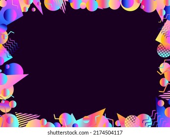 Marco geométrico Memphis. Diseño de borde con formas geométricas en estilo años 80. Colores degradados, diseñar una plantilla para invitaciones, folletos y tarjetas de felicitación. Ilustración del vector
