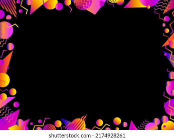 Memphis geometric frame. Border design with geometric shapes in 80s style. Gradient colors, design a template for invitations, leaflets and greeting cards. Vector illustration