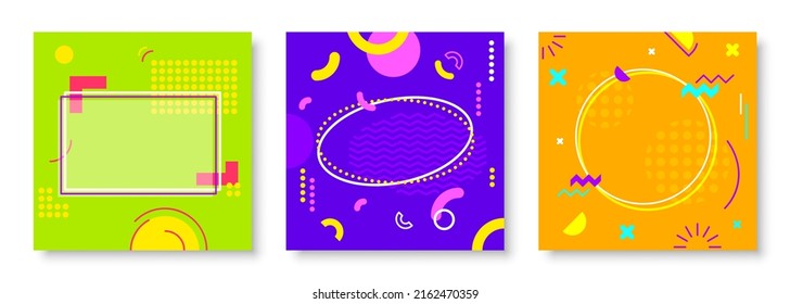Memphis geometric frame retro card color flat set. Story frame social media poster ads product flyer to fill bold hipster retro fashion banner abstract outline colorful square rectangular shape vector