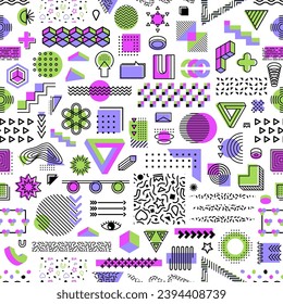 Memphis geometric funky shapes seamless pattern. Fabric or textile seamless background with simple geometric shapes, wallpaper or wrapping paper vector print, background with Memphis graphic forms