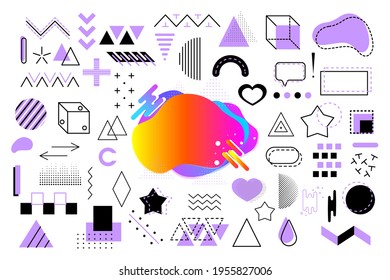 Memphis geometric lilac gradient with copy space and elements for design. Vector illustration for web, sale, posters, advertising, template, promotion.