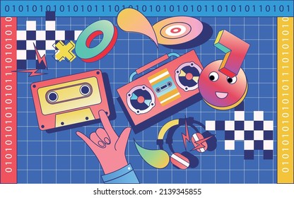 Memphis geometric lines background, e-commerce, vector illustration. Chinese translation: Year-end ceremony