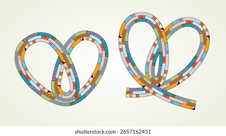 memphis geometric lines in the shape of heart, vector loop ribbon a colorful symbol of love, design element for background or valentine day poster or greeting card