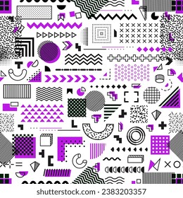 Memphis geometric minimal shapes seamless pattern. Abstract background with line doodles, Memphis color elements textile or fabric vector seamless print. Wrapping paper minimalistic geometric pattern