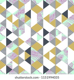 Memphis geometric palm leaves and triangle pattern