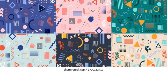 Memphis geometric pattern. Hipster background. Abstract design style. Modern cover with graphic elements. Set of trendy texture. Banner from 90s, 80s. Retro funky poster, flyer and brochure. Vector.