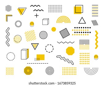 Memphis geometric pattern set. Different shapes, lines with abstract design graphic, trendy ornament. Modern poster texture for magazines, arts, leaflets, billboards. Hipster style wallpaper. Vector.