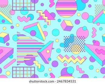 Memphis geometric seamless pattern with 3D shapes in 80s and 90s style. Colorful candy color palette. Isometric geometric 3D shapes. Design for wallpapers, banners and posters. Vector illustration