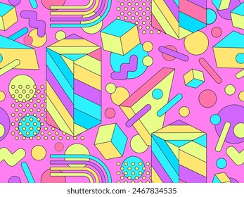 Memphis geometric seamless pattern with 3D shapes in 80s and 90s style. Colorful candy color palette. Isometric geometric 3D shapes. Design for wallpapers, banners and posters. Vector illustration