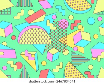 Memphis geometric seamless pattern with 3D shapes in 80s and 90s style. Colorful candy color palette. Isometric geometric 3D shapes. Design for wallpapers, banners and posters. Vector illustration