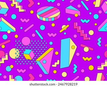 Memphis geometric seamless pattern with 3D shapes in 80s and 90s style. Colorful candy color palette. Isometric geometric 3D shapes. Design for wallpapers, banners and posters. Vector illustration