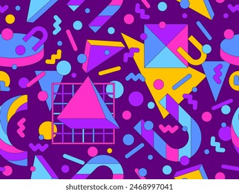 Memphis geometric seamless pattern with 3D shapes in 80s and 90s style. Colorful candy color palette. Isometric geometric 3D shapes. Design for wallpapers, banners and posters. Vector illustration