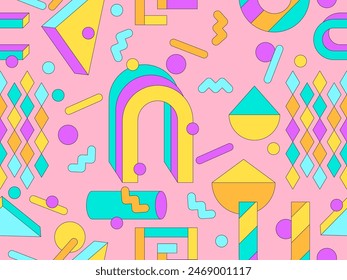 Memphis geometric seamless pattern with 3D shapes in 80s and 90s style. Colorful candy color palette. Isometric geometric 3D shapes. Design for wallpapers, banners and posters. Vector illustration