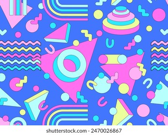 Memphis geometric seamless pattern with 3D shapes in 80s and 90s style. Colorful candy color palette. Isometric geometric 3D shapes. Design for wallpapers, banners and posters. Vector illustration