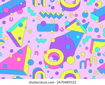 Memphis geometric seamless pattern with 3D shapes in 80s and 90s style. Isometric geometric 3D shapes. Colorful geometric background design for wrappers, covers and wallpapers. Vector illustration