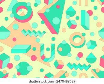 Memphis geometric seamless pattern with 3D shapes in 80s and 90s style. Isometric geometric 3D shapes. Colorful geometric background design for wrappers, covers and wallpapers. Vector illustration