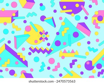 Memphis geometric seamless pattern with 3D shapes in 80s and 90s style. Isometric geometric 3D shapes. Colorful geometric background design for wrappers, covers and wallpapers. Vector illustration