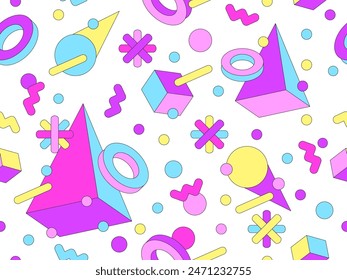 Memphis geometric seamless pattern with 3D shapes in 80s and 90s style. Isometric geometric 3D shapes. Colorful geometric background design for wrappers, covers and wallpapers. Vector illustration