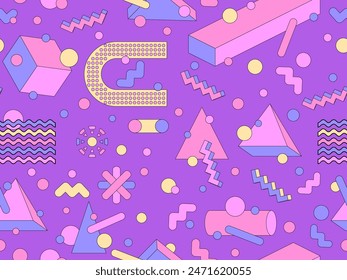 Patrón geométrico sin fisuras de Memphis con Formas 3D en estilo de los años 80 y 90. Formas 3D geométricas isométricas. Diseño de fondo geométrico colorido para envolturas, cubiertas y Fondos de pantalla. Ilustración vectorial
