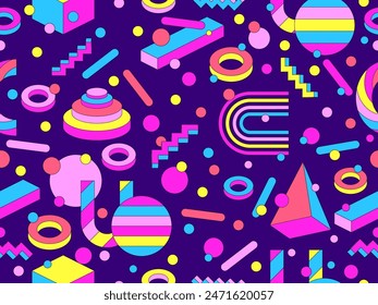 Patrón geométrico sin fisuras de Memphis con Formas 3D en estilo de los años 80 y 90. Formas 3D geométricas isométricas. Diseño de fondo geométrico colorido para envolturas, cubiertas y Fondos de pantalla. Ilustración vectorial