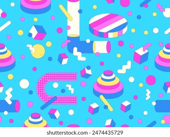 Patrón geométrico sin fisuras de Memphis con Formas 3D en estilo de los años 80 y 90. Formas 3D geométricas isométricas. Diseño de fondo geométrico colorido para envolturas, cubiertas y Fondos de pantalla. Ilustración vectorial