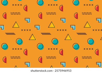 Memphis geometric seamless pattern with 3D shapes and 90s style. Isometric geometric 3D shapes. Colorful geometric background design for wrappers, covers and wallpapers. Vector illustration