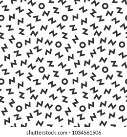 Memphis geometric seamless pattern. 80-90s terndy style. Abstract black and white mosaic texture of different shapes. Design element for invintation, web, banner, retro design. Vector Illustration.
