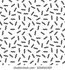 Memphis geometric seamless pattern. 80-90s terndy style. Abstract black and white mosaic texture of different shapes. Design element for invintation, web, banner, retro design. Vector Illustration.