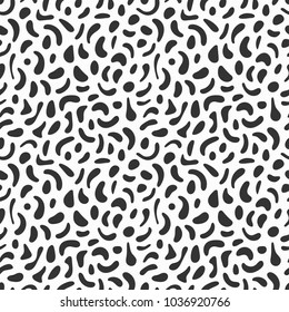 Memphis geometric seamless pattern. 80-90s terndy style. Abstract black and white mosaic texture of different shapes. Design element for invintation, web, banner, retro design. Vector Illustration.