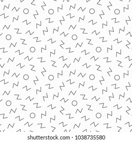 Memphis geometric seamless pattern. 80-90s terndy style. Abstract black and white mosaic texture of different shapes. Design element for invintation, web, banner, retro design. Vector Illustration.