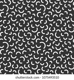 Memphis geometric seamless pattern. 80-90s terndy style. Abstract black and white mosaic texture of different shapes. Design element for invintation, web, banner, retro design. Vector illustration.
