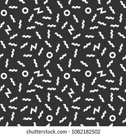 Memphis geometric seamless pattern. 80-90s terndy style. Abstract black and white mosaic texture of different shapes. Design element for invintation, web, banner, retro design. Vector illustration.