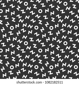 Memphis geometric seamless pattern. 80-90s terndy style. Abstract black and white mosaic texture of different shapes. Design element for invintation, web, banner, retro design. Vector illustration.