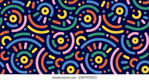 Memphis geometric seamless pattern. Abstract modern background with circles, curves, short rounded lines and dots. Fun kid doodle design element for cover, poster, banner, label, textile, wrapping	