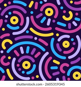 Memphis geometric seamless pattern. Abstract modern background with circles, curves, short rounded lines and dots. Fun kid doodle design element for cover, poster, banner, label, textile, wrapping.	