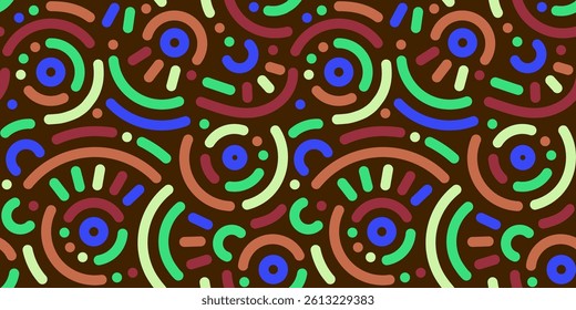 Memphis geometric seamless pattern. Abstract modern background with circles, curves, short rounded lines and dots. Fun kid doodle design element for cover, poster, banner, label, textile, wrapping	