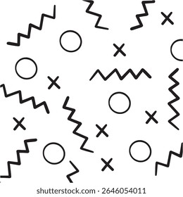 Memphis geometric seamless pattern. abstract background in retro 80s, 90s style with various shapes: circles, zigzags, wavybox, triangle lines. Cute kid doodle design.