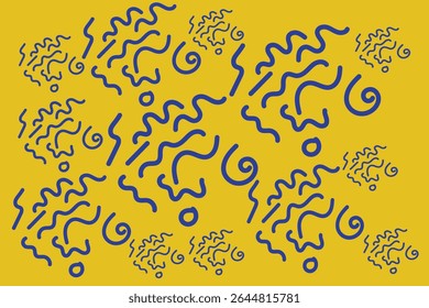 Memphis geometric seamless pattern. Bold yellow background with random navy hand-drawn doodles, curly shapes, and abstract brush forms in retro style.