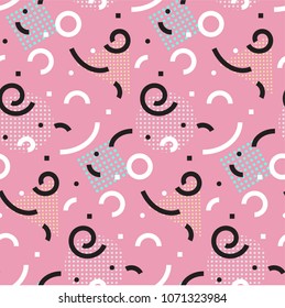 Memphis geometric seamless pattern with circles, spirals, archs in black and white colors on pink background. Simple vector retro design for fashion, textile print, wallpaper, packaging, banner,poster
