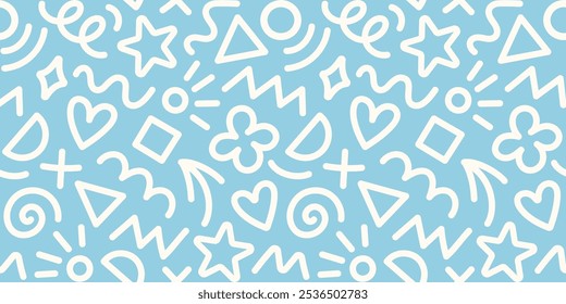 Memphis geometric seamless pattern. Cool abstract background in retro 80s, 90s style with basic shapes: star, arrow, triangle, circle, heart, flower, zigzag, spiral, wavy lines. Cute kid doodle design