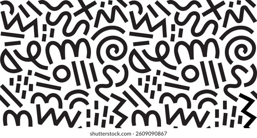 Memphis geometric seamless pattern. Monochrome abstract background in retro 80s, 90s style with various shapes: circles, semicircles, dots,zigzags, spirals, wavy lines. Cute kid doodle design eps file