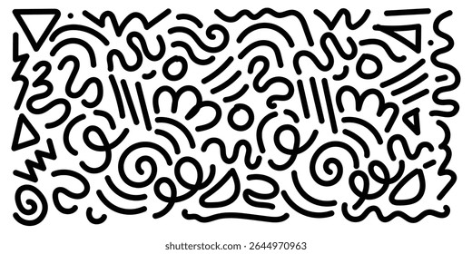 Memphis geometric seamless pattern. Monochrome abstract background in retro 80s,90s style with various shapes circles, semicircles, dots, zigzags, spirals, wavy lines. Cute kid doodle design in eps10.