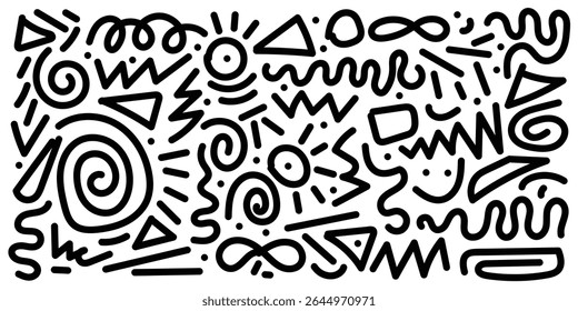 Memphis geometric seamless pattern. Monochrome abstract background in retro 80s,90s style with various shapes circles, semicircles, dots, zigzags, spirals, wavy lines. Cute kid doodle design in eps10.