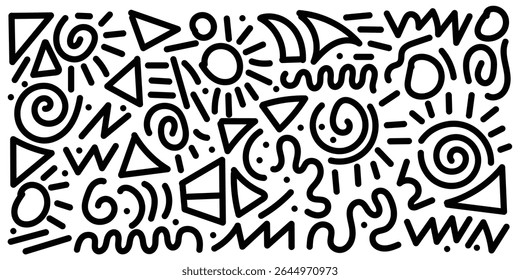 Memphis geometric seamless pattern. Monochrome abstract background in retro 80s,90s style with various shapes circles, semicircles, dots, zigzags, spirals, wavy lines. Cute kid doodle design in eps10.