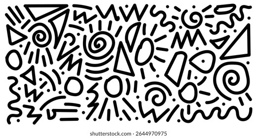 Memphis geometric seamless pattern. Monochrome abstract background in retro 80s,90s style with various shapes circles, semicircles, dots, zigzags, spirals, wavy lines. Cute kid doodle design in eps10.