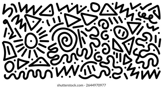 Padrão contínuo geométrico de Mênfis. Fundo abstrato monocromático no estilo retro 80s,90s com várias formas círculos, semicírculos, pontos, ziguezags, espirais, linhas onduladas. Design bonito doodle criança em eps10.